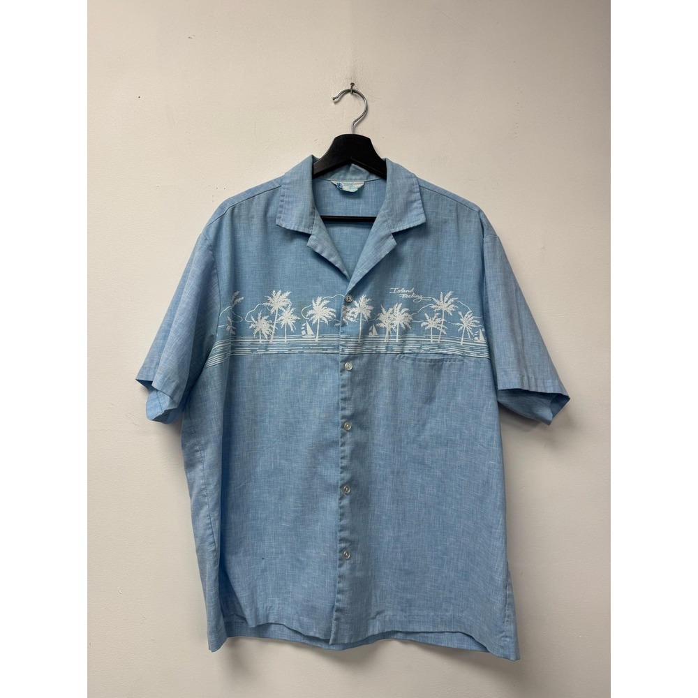 Vintage Island Feeling Hawaiian Shirt Mens XL Blue Palm Tree Beach Aloha‎ 80s